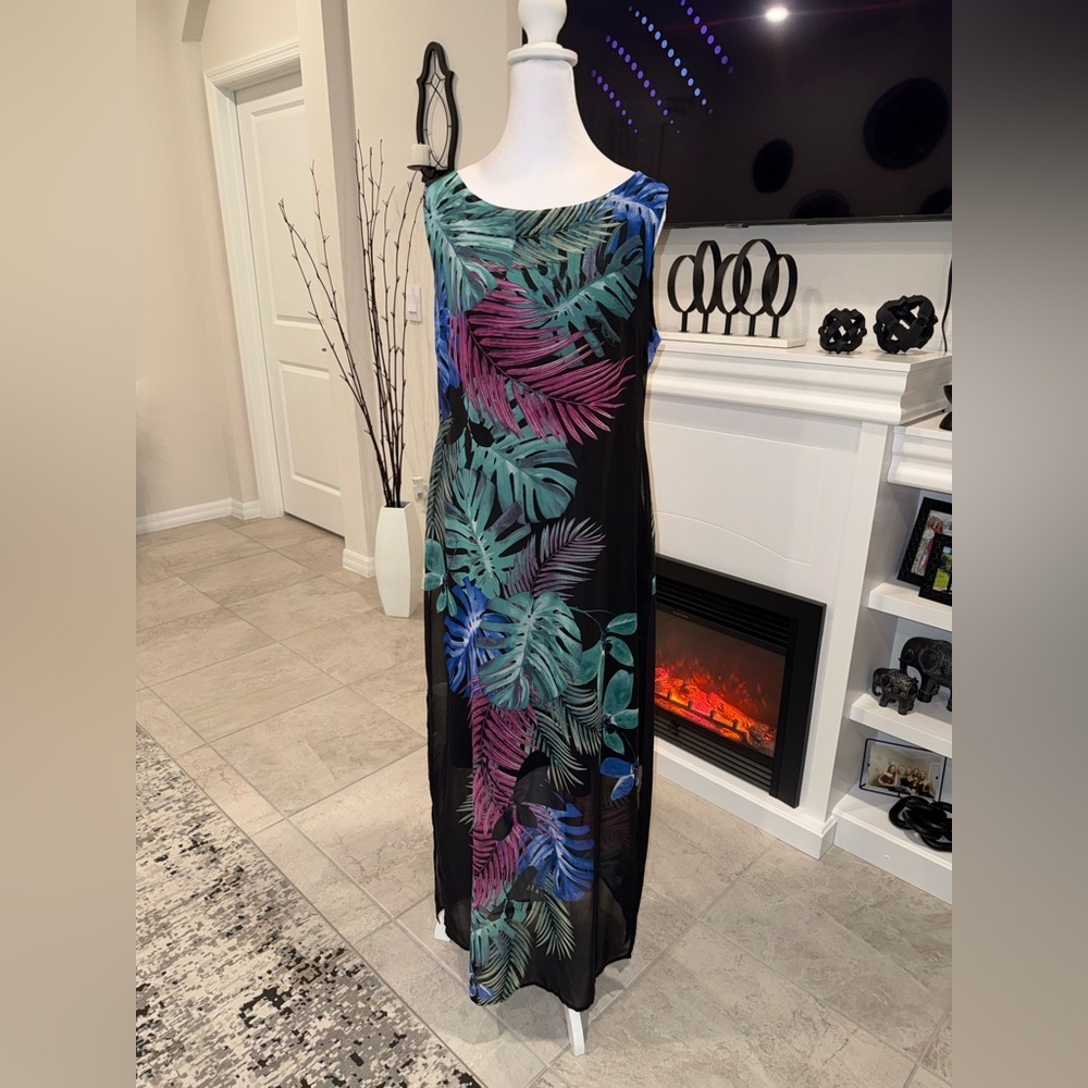 Connected Apparel Black Maxi Dress with Teal, Purple & Blue Tropical Leaf Print